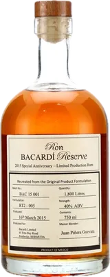 Bouteille de spiritueux : Reserve 2015 Special Anniversary de la marque Bacardi